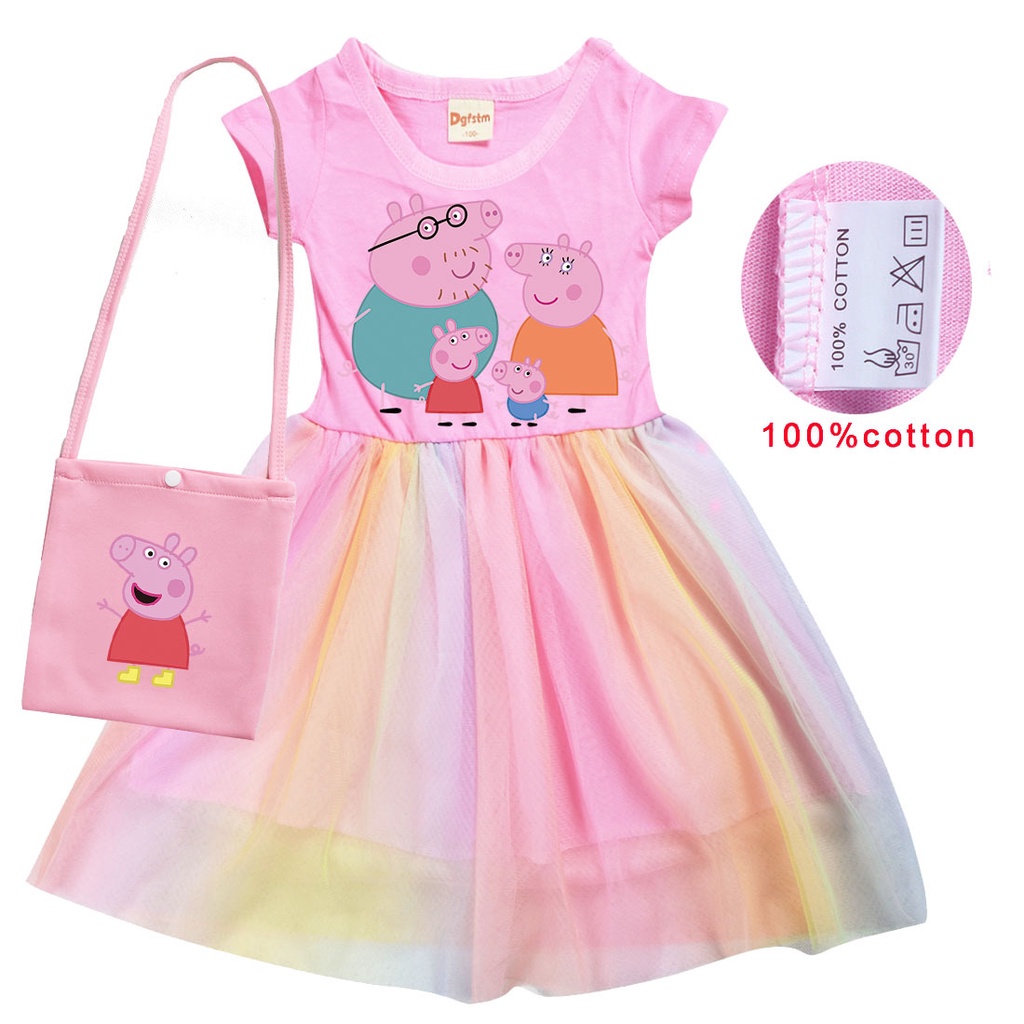 Set Đầm Xòe + Túi Cotton Tay Ngắn Họa Tiết Hoạt Hình Peppa Cho Bé Gái