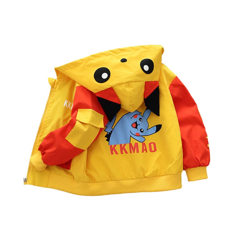 Áo Khoác Chống Gió Có Nón Và Khóa Kéo In Hình Pikachu Chống Nước Cho Bé