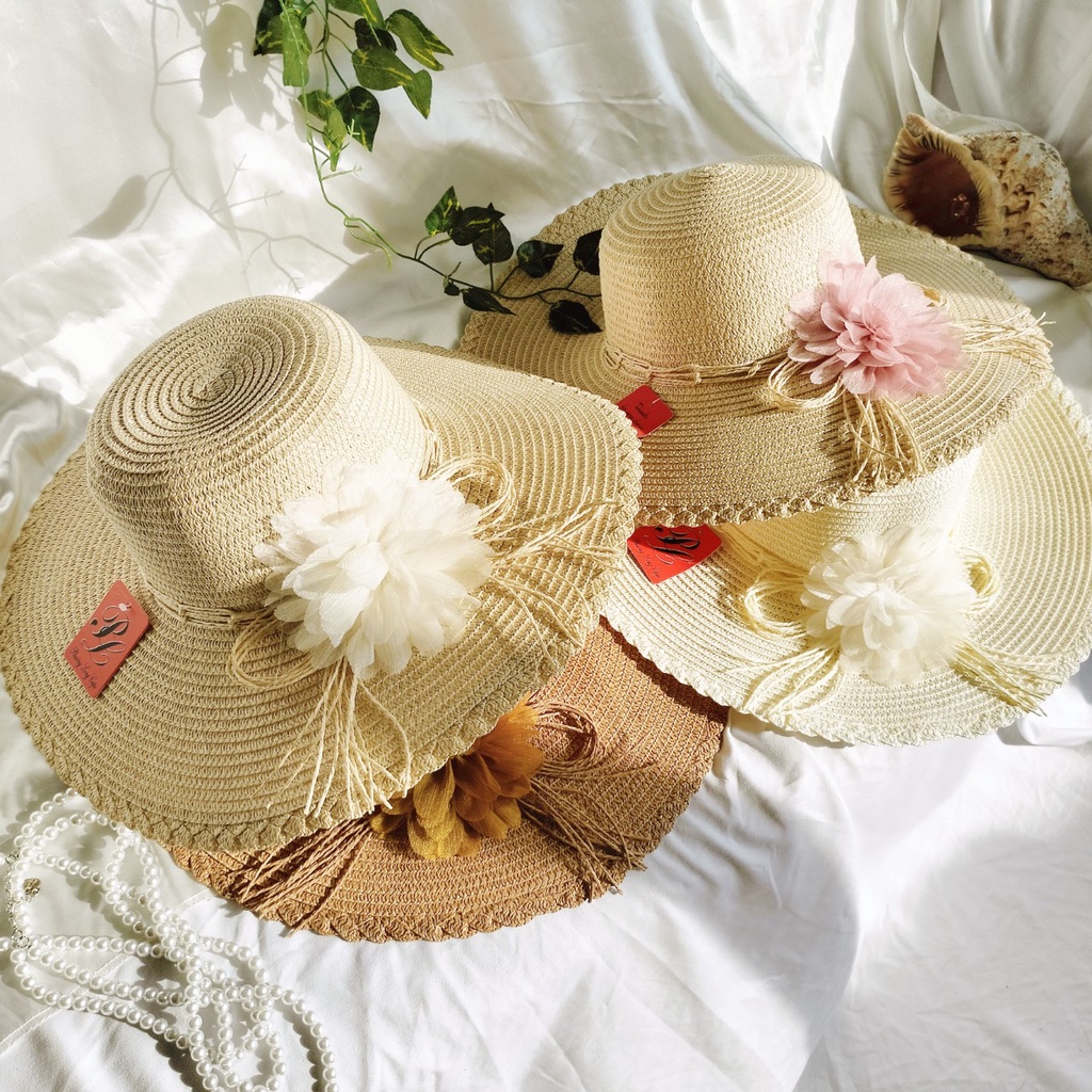 Nón cói, Mũ cói đi biển nữ vành to đẹp gắn hoa vintage -hoa to nhiều màu