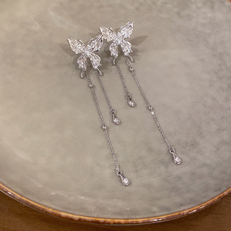 Đôi Bông Tai Dáng Dài Hình Bướm Xếp Ly Đính Đá Thời Trang Cho Nữ