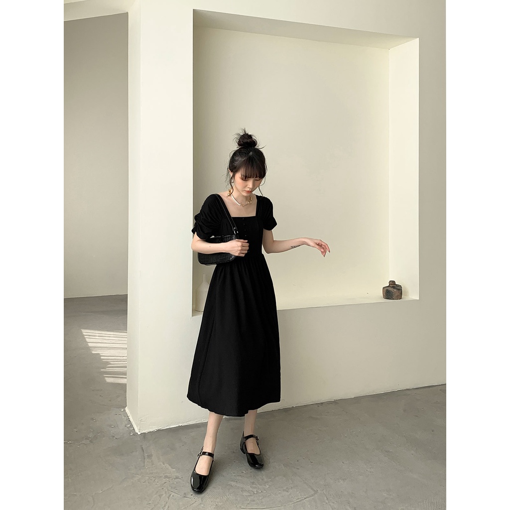 SUXI Đầm Midi Tay Ngắn Màu Đen Phong Cách Vintage Thời Trang Mùa Hè Cho Nữ