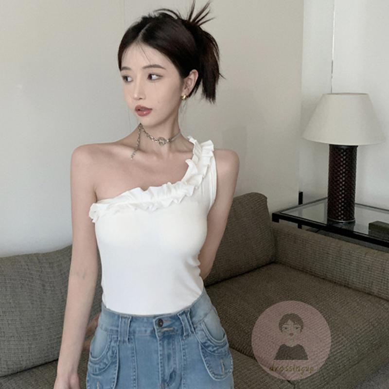 Áo Tank Top Lệch Vai Một Bên Dáng Ôm Màu Trắng Thời Trang Mùa Hè Cho Nữ