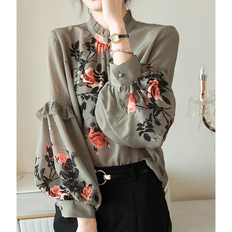 Áo Sơ Mi Tay Phồng Cổ Đứng Cỡ Lớn Thoáng Khí Thoải Mái Thời Trang Phong Cách Hàn Quốc