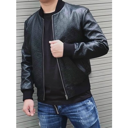 khoac da Áo khoác da Gu.cci. cổ bomber vân hoa dập chìm_Áo da G.C. thời trang Nam đen vân