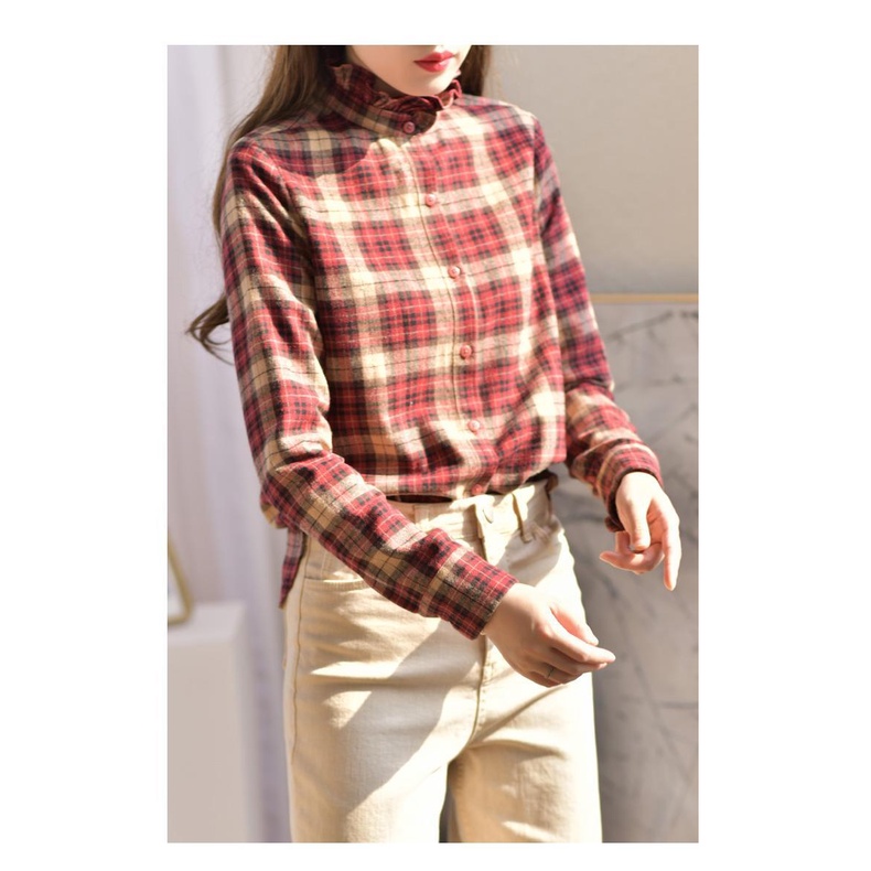 Áo Sơ Mi Cổ Đứng Chất Liệu Cotton Mềm Họa Tiết Sọc Caro Phong Cách Retro Hàn Quốc