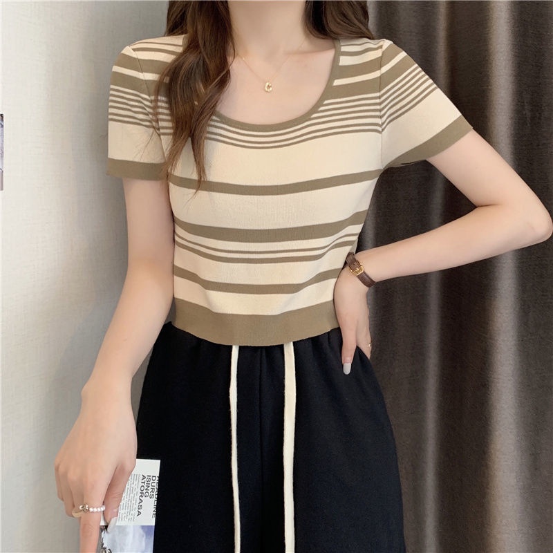 Áo Thun Dệt Kim Tay Ngắn Kẻ Sọc Ngang Trẻ Trung Hợp Thời Trang Cho Bạn Gái