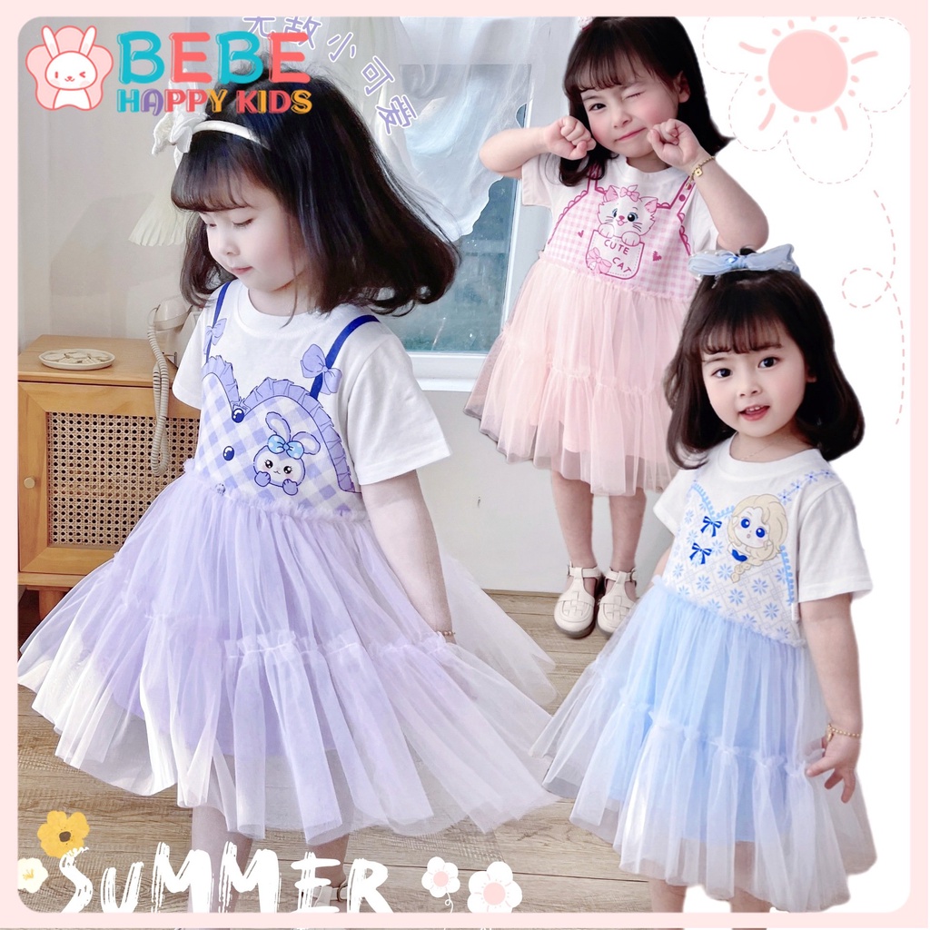Váy đuôi cá cho bé gái Rabity sát nách hình rabbit dễ thương vải cotton,Đầm Công Chúa Mùa Hè Phối Lưới In Họa Tiết Thỏ Hoạt Hình Cho Bé Gái 2-9 Tuổi