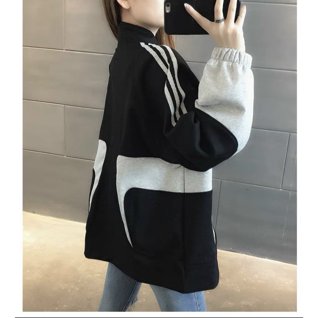 Áo Khoác Bomber, Áo Khoác Nữ Trơn Khóa Kéo Phối Viền Sọc Tay Phong Các Thời Trang Hot Trend. UT