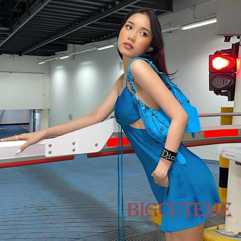 Đầm Hai Dây Hở Lưng Màu Xanh Dương Thời Trang Mùa Hè Cho Nữ