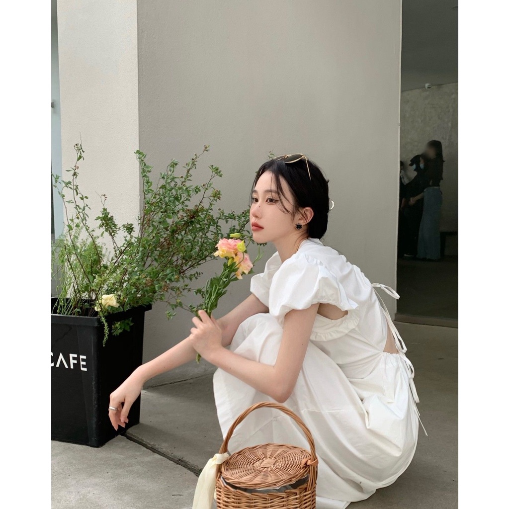 COZOK Đầm Tay Phồng Phối Ren Màu Trắng Lưng Vừa Thời Trang Quyến Rũ Cho Nữ