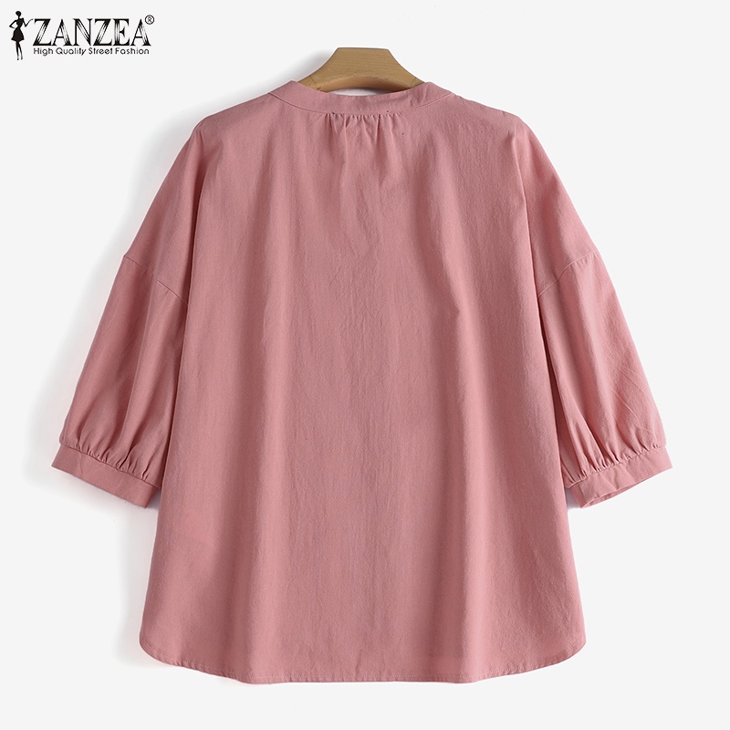 Áo sơ mi ZANZEA tay lửng cổ chữ V dễ phối đồ thời trang Hàn Quốc cho nữ