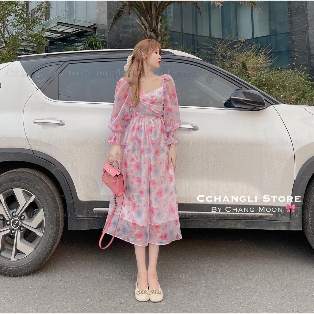 ✨BÁN SỈ✨Đầm voan hoa tơ 2 lớp chéo ngực 2 màu xanh, hồng