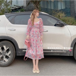 ✨BÁN SỈ✨Đầm voan hoa tơ 2 lớp chéo ngực 2 màu xanh, hồng