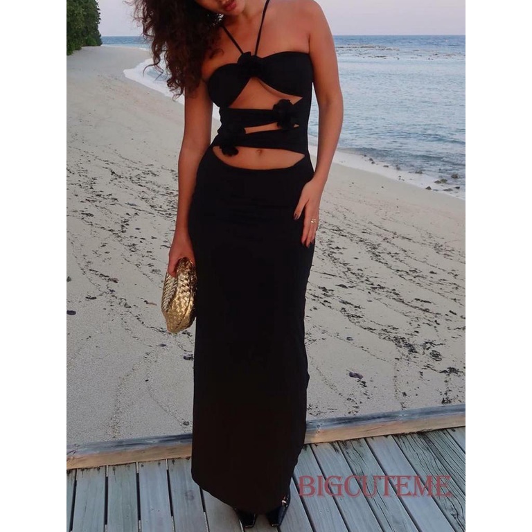 [] Đầm Dài Không Tay Dáng Ôm Hở Lưng Màu Đen Thời Trang Mùa Hè Cho Nữ