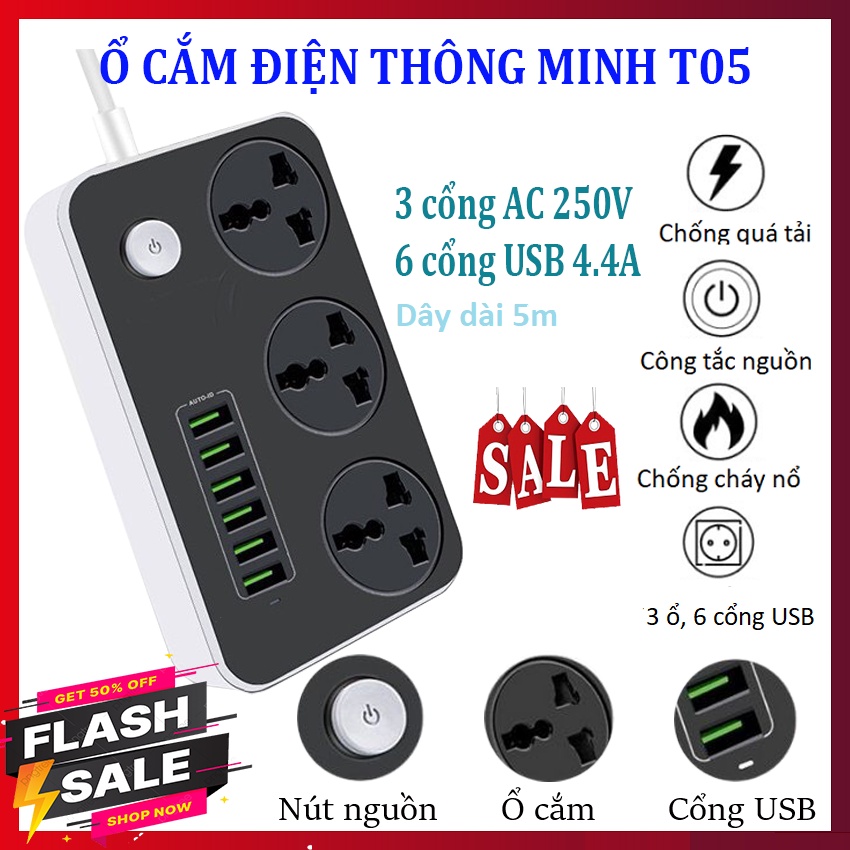 Ổ Cắm Điện Đa Năng T05, Thông Minh Tiêu Chuẩn EU - 6 Cổng USB Hỗ Trợ Sạc Nhanh 3.4A - Tích Hợp IC Chống Cháy Nổ