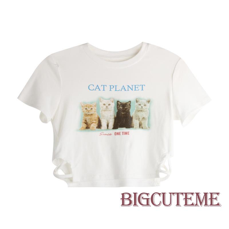 Áo Thun Crop Top Tay Ngắn Cổ Tròn In Hình Mèo Ôm Dáng Cho Nữ