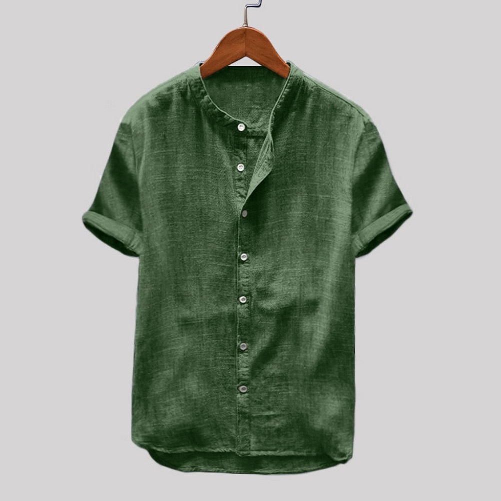 Áo Sơ Mi Cotton Linen Tay Ngắn Màu Trơn Cài Nút Dành Cho Nam