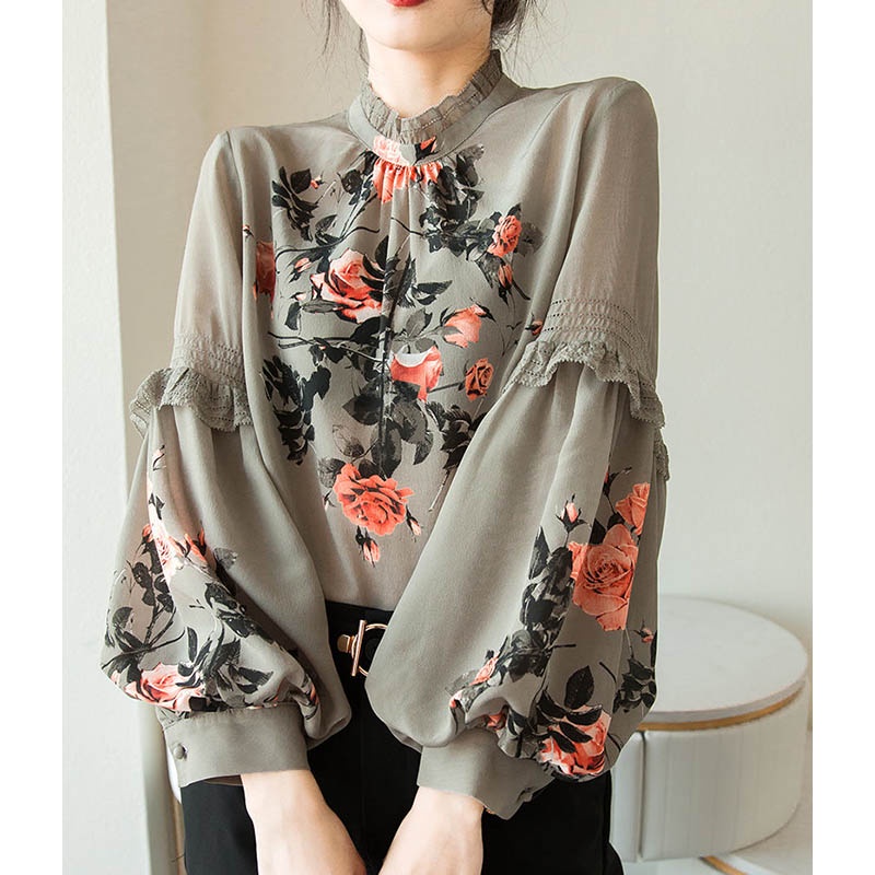 Áo Sơ Mi Tay Phồng Cổ Đứng Cỡ Lớn Thoáng Khí Thoải Mái Thời Trang Phong Cách Hàn Quốc