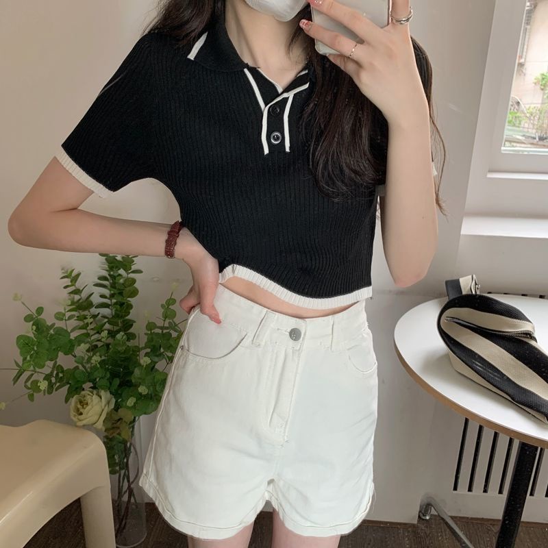 Áo Thun Dệt Kim Tay Ngắn Cổ polo Màu Sắc Tương Phản Thời Trang Mùa Hè Cho Nữ