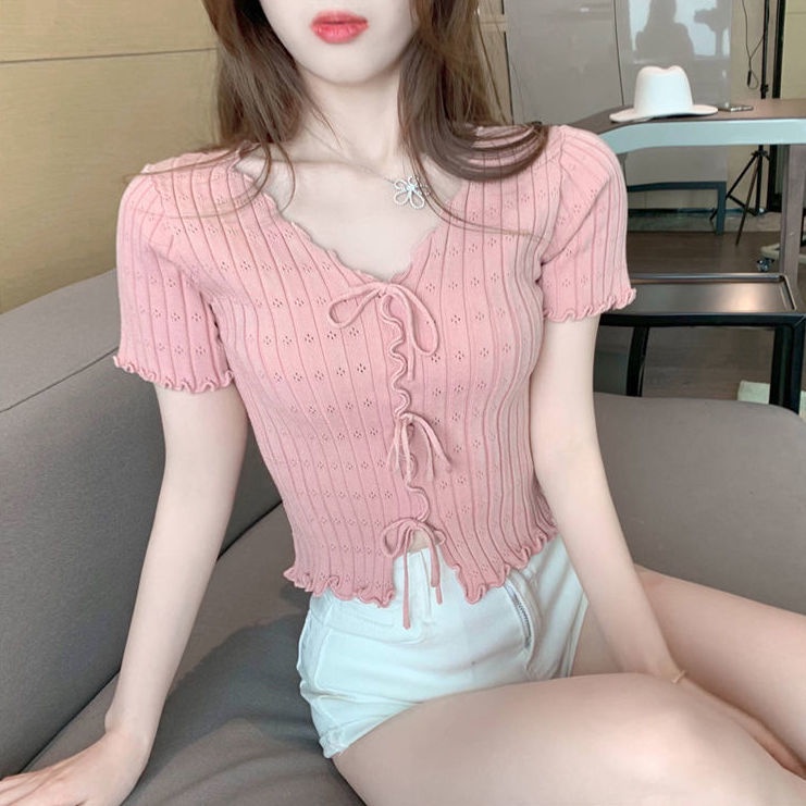 áo sơ mi croptop len dệt kim tay ngắn kiểu cổ chữ v thắt nơ phong cách hàn quốc thời trang mới cho nữ