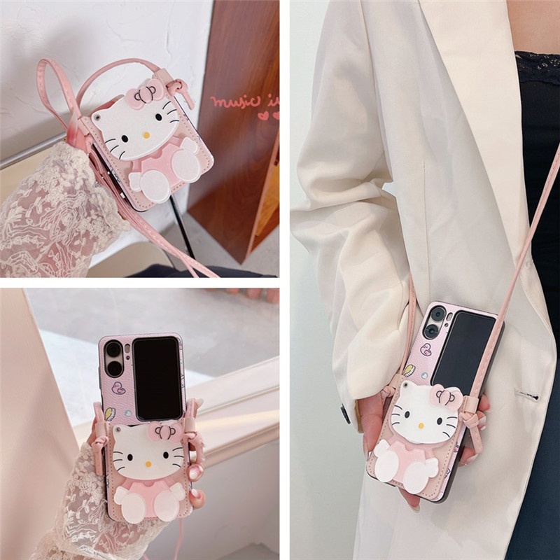 Ốp Điện Thoại Da Nắp Gập Có Ngăn Đựng Thẻ & Dây Đeo Chéo Hình Hello Kitty Cho OPPO Find N2 findn2 Lật