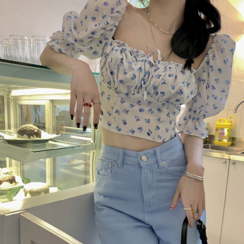 IELGY     Áo Kiểu Tay Phồng Cổ Vuông In Họa Tiết Hoa Phong Cách Pháp Thời Trang Cho Nữ