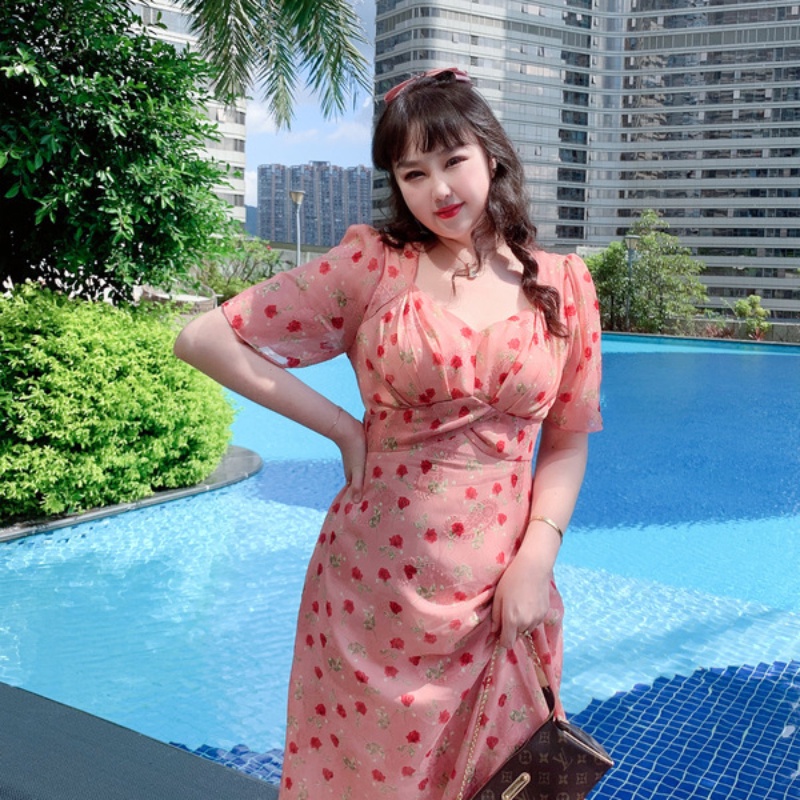 Đầm Midi Chiffon Tay Ngắn Phồng Cổ Chữ V Dáng Rộng In Họa Tiết Hoa Màu Hồng Phong Cách Vintage Kích Thước 4XL Thời Trang Cho Nữ