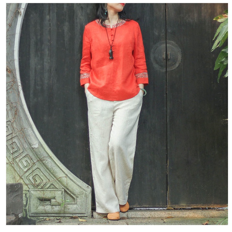 Áo Cotton Lanh Dáng Rộng Thoáng Khí Cài Khóa Đĩa Đơn Giản Cổ Điển