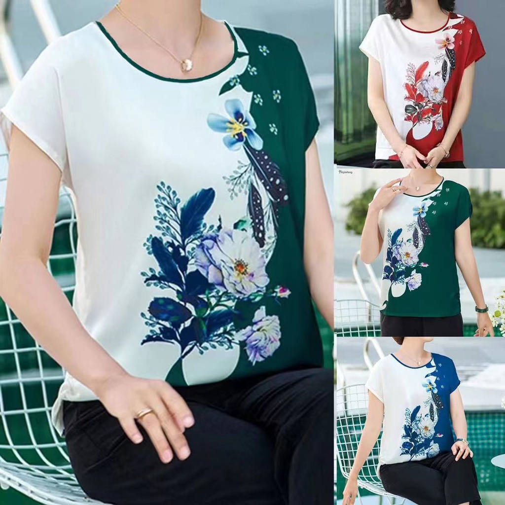 Áo Thun Tay Ngắn Dáng Rộng Chất Lụa Lạnh In Họa Tiết Plus Size Cho Nữ Trung Niên áo trung niên nữ u60 mùa hè