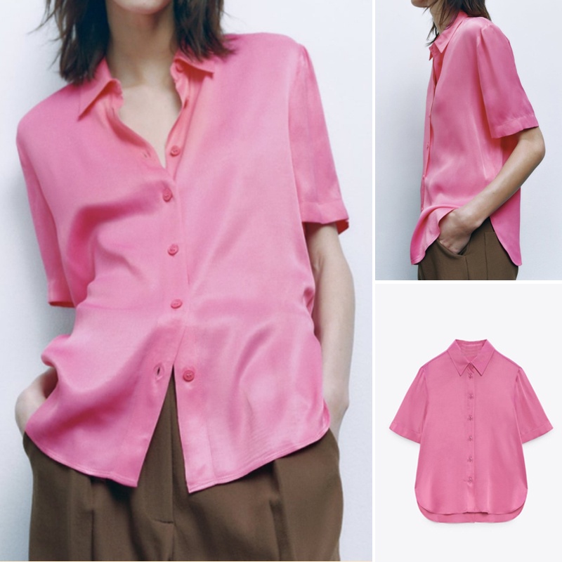 Áo Sơ Mi Lụa Satin Ngắn Tay Xẻ Tà Thời Trang Zara 20234437240