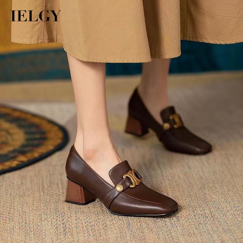 Giày da IELGY mũi vuông gót dày phong cách Pháp cổ điển cho nữ