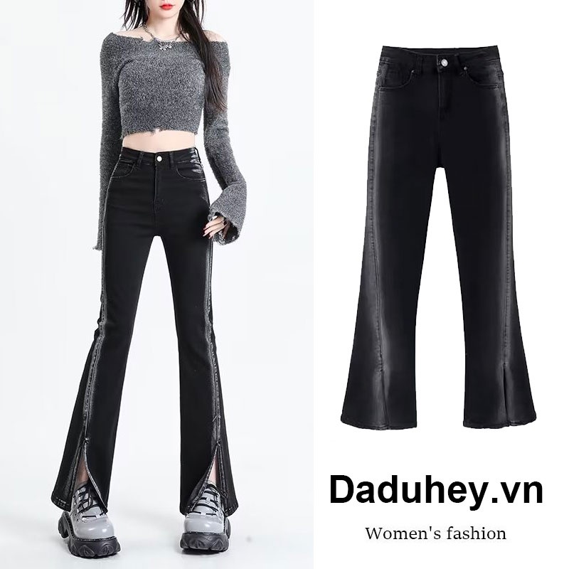 DaDuHey 2023 New Korean Version of INS Black Slit Jeans Elastic Slim-fit Trousers High Waist Micro Flared Trousers