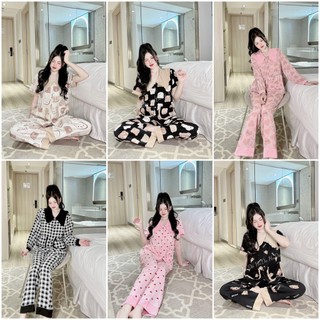 Cổ bèo túi, bộ đồ pizama mặc nhà tay cộc tay dài lụa mango cao cấp cb05
