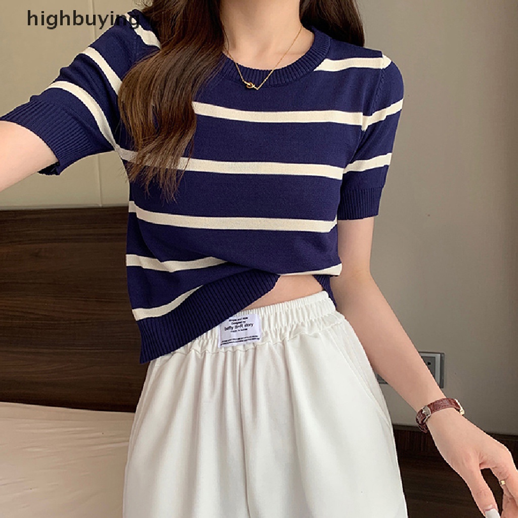 Áo Thun Tay Ngắn Cổ Tròn Họa Tiết Kẻ Sọc Thời Trang Cho Nữ