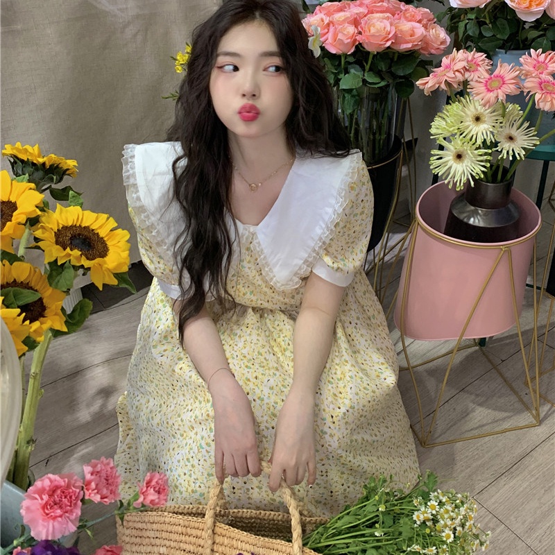 IELGY   Đầm Midi Cổ Búp Bê Họa Tiết Hoa Ngọt Ngào Thời Trang Cho Nữ