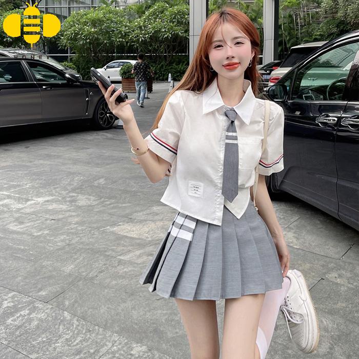 Set Áo Sơ Mi Thắt Cà Vạt + Chân Váy Xếp Ly Lưng Cao Thời Trang Dành Cho Nữ