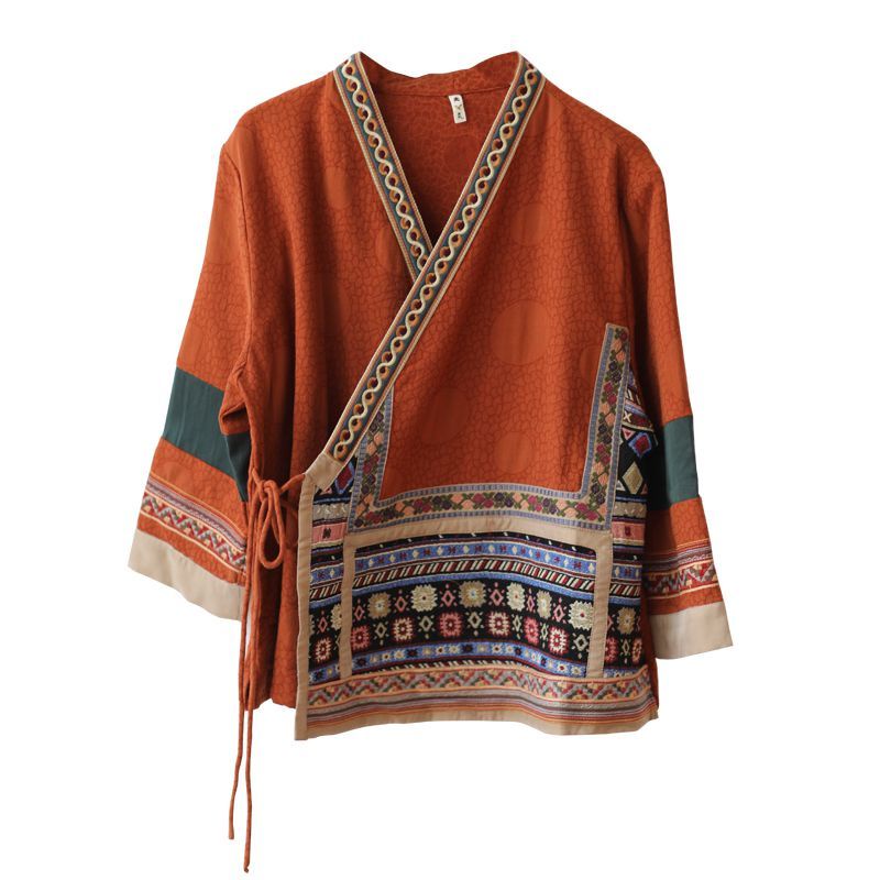 Áo Kiểu Cổ Chữ V Chất Lanh Cotton Hoạ Tiết Thêu Phong Cách Vintage