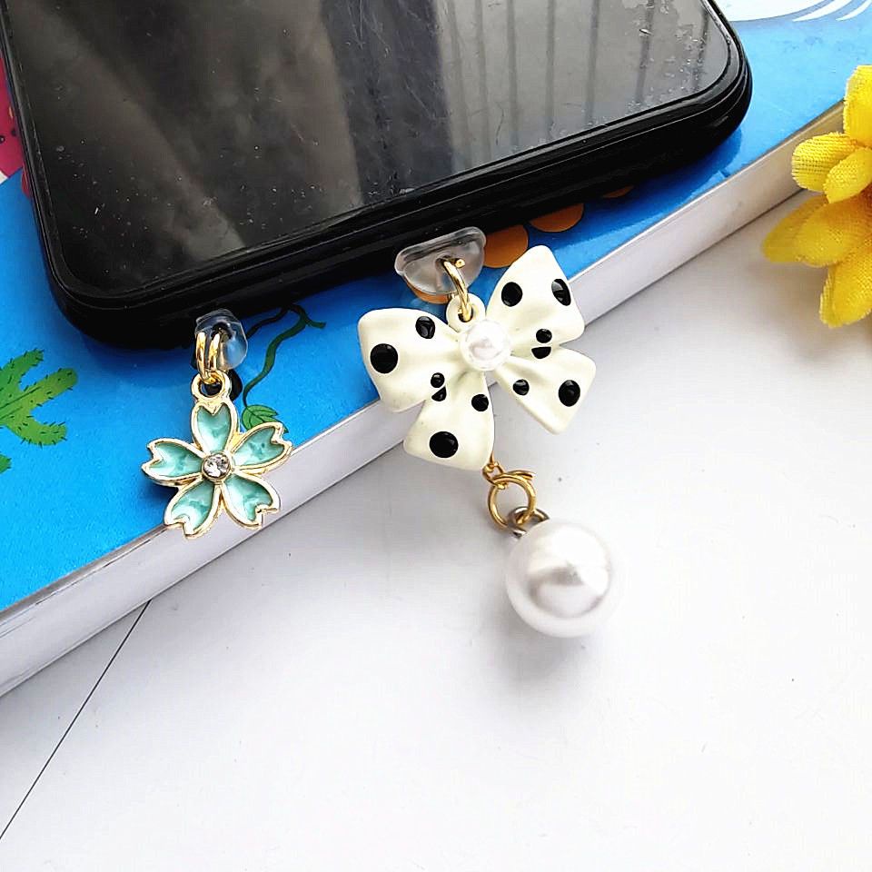 Nút Cắm Chống Bụi Kiểu Nơ Đính Ngọc Trai Dễ Thương Cho Điện Thoại Di Động