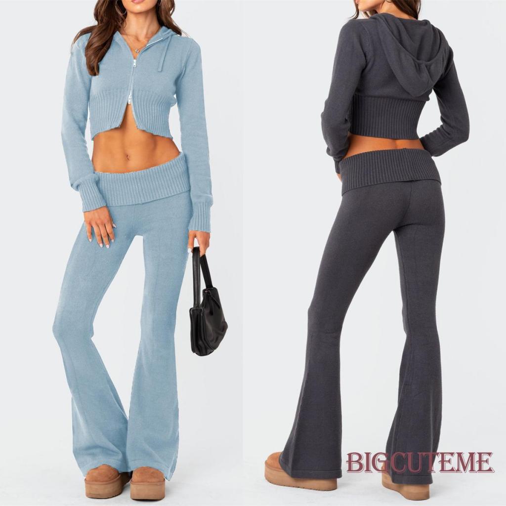 Set Đồ Mùa Thu 2 Món Gồm Áo Tay Dài Có Khóa Kéo + Quần Ống Loe Màu Trơn Cho Nữ