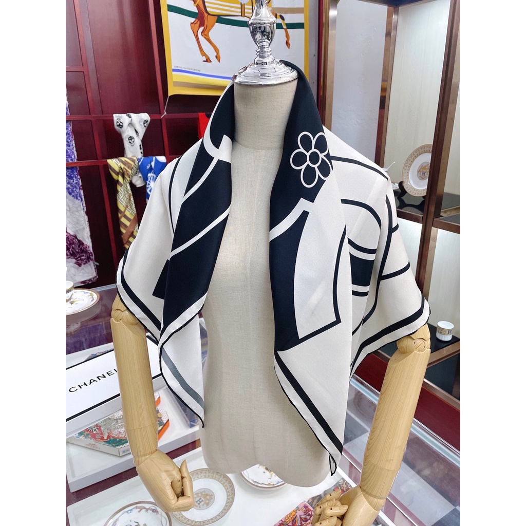 Khăn choàng cổ Bandana Hijabs Hồi Giáo bằng lụa hình vuông chống nắng màu đen họa tiết hoa trà CC thời trang 2023