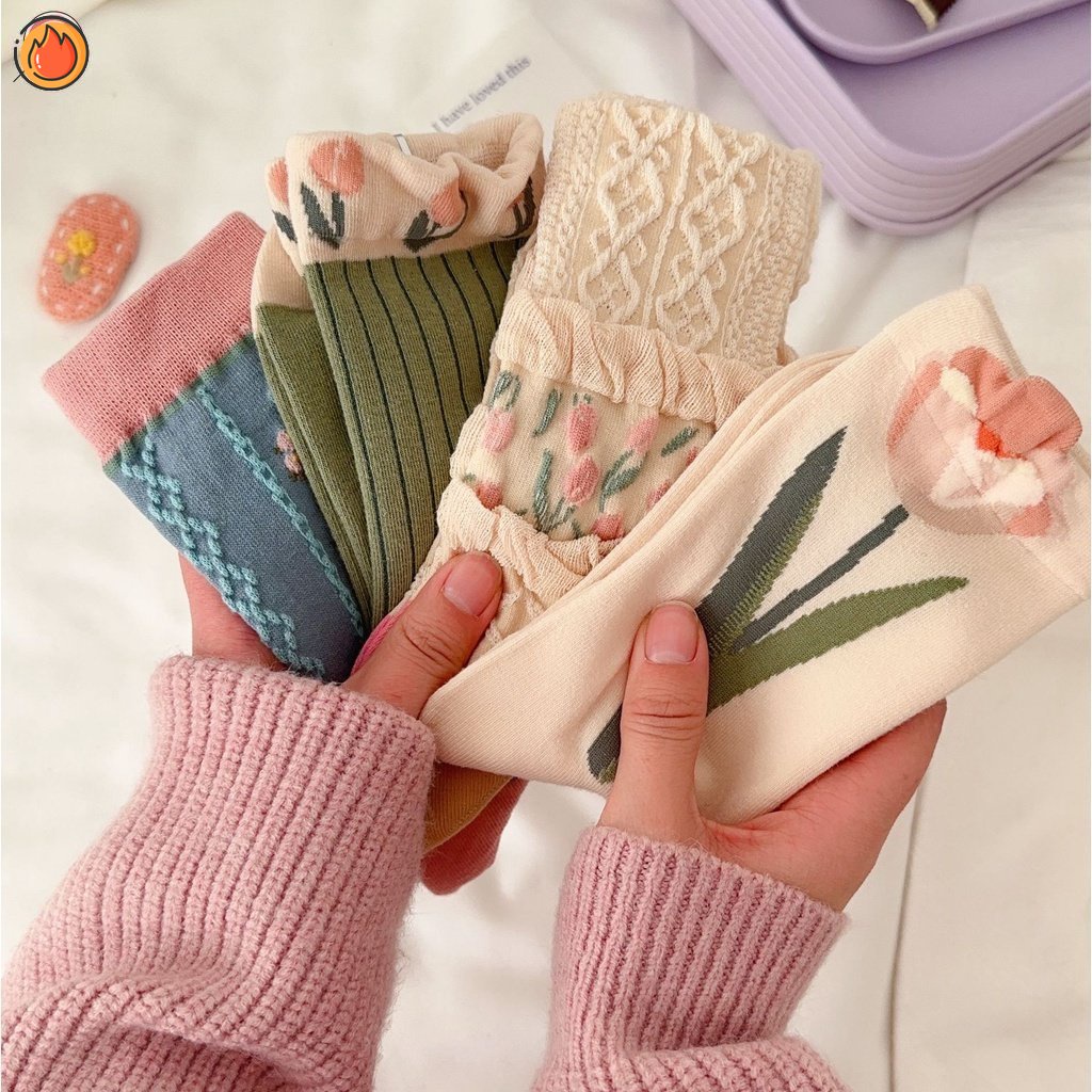 Đôi Vớ Cotton Họa Tiết Hoa Tulip Phong Cách Cổ Điển Dành Cho Nữ