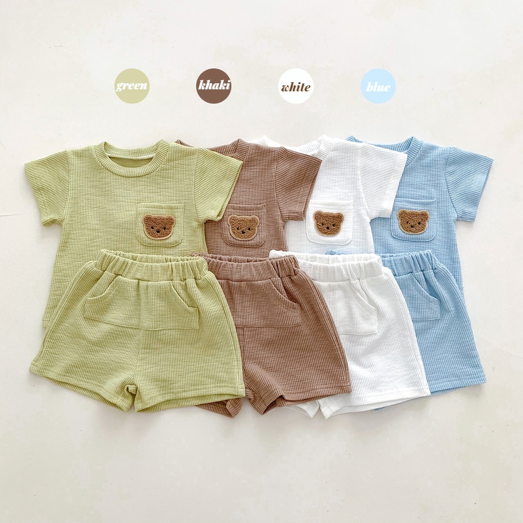 Set Đồ Mùa Hè 2 Món Gồm Áo Thun Tay Cộc Thêu Hình Gấu + Quần Ngắn Cho Bé Trai Sơ