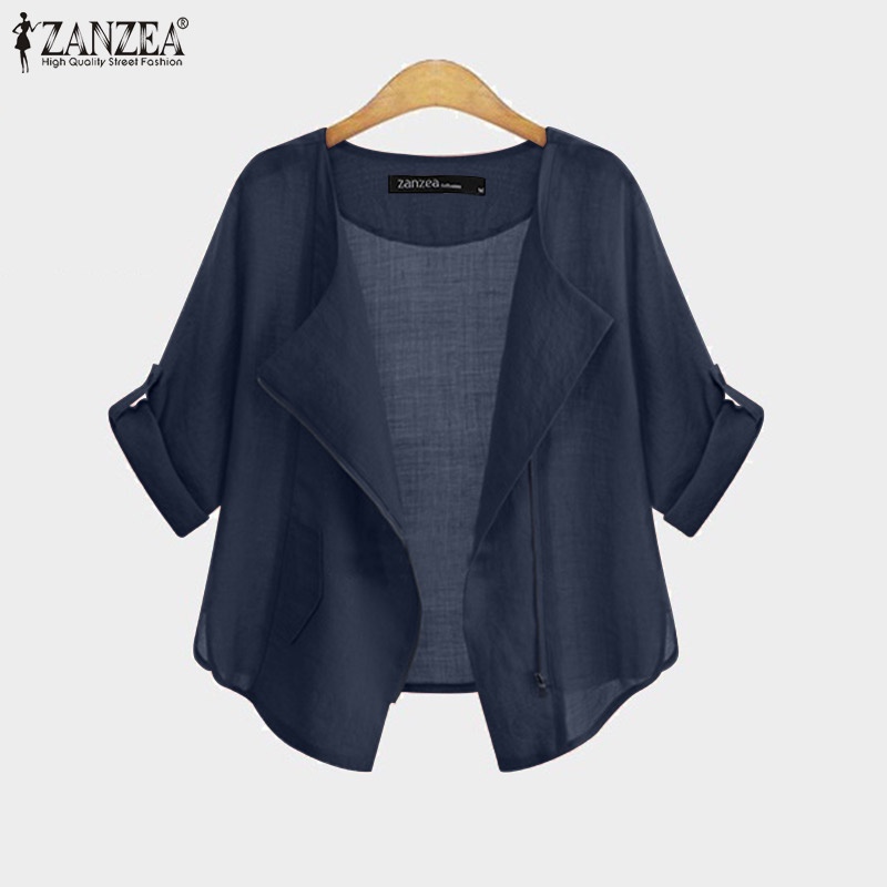 Áo khoác cardigan ZANZEA ngắn tay cổ thuyền phối khóa kéo thời trang đường phố cho nữ