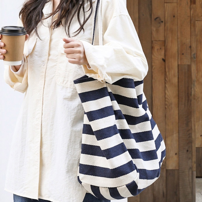 Túi Xách Vải Canvas Họa Tiết Sọc Có Thể Tái Sử Dụng Cho Nữ