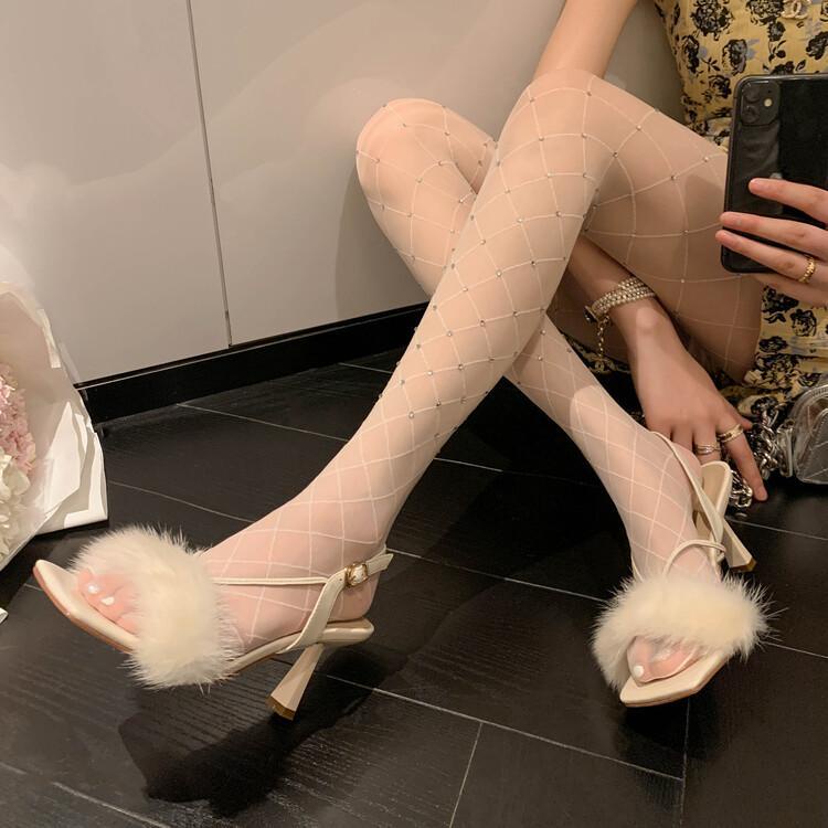 Giày Sandal Cao Gót 6.5cm Hở Ngón Phối Lông Thỏ Thời Trang Mùa Hè Cho Nữ