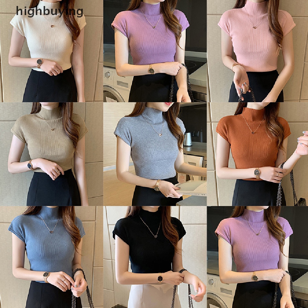 Áo Thun Dệt Kim Tay Ngắn Cổ Lọ Màu Sắc Đơn Giản Cho Nữ