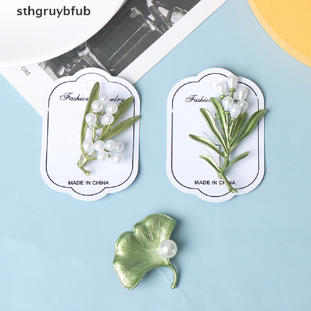 Ghim Cài Áo Hình Lá Cây Đính Ngọc Trai Nhân Tạo Phong Cách Vintage
