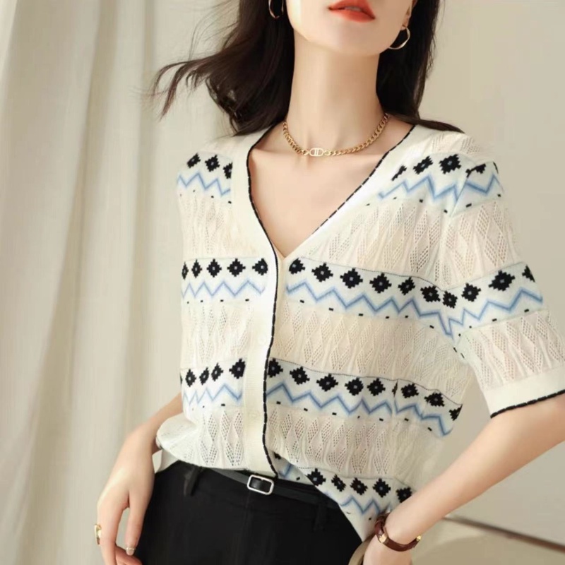 Áo Khoác Len Cardigan Cổ Chữ V Màu Sắc Tương Phản Thời Trang Cho Nữ