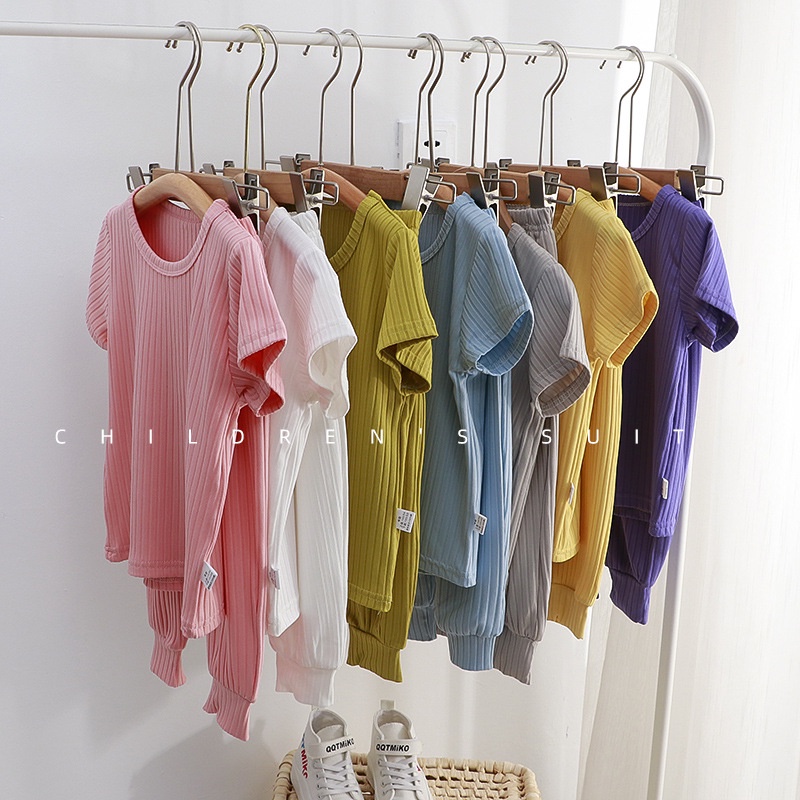 80-160cm Mùa Hè Phong Cách Mới Trẻ Em Homewear Phiên Bản Hàn Quốc Nam Nữ Bé Màu Trơn Phù Hợp Với Bộ Đồ Ngủ Trẻ Em Quần Áo Trẻ Em