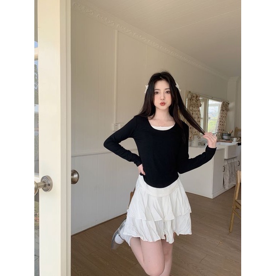 COZOK Áo Thun Tay Dài Dáng Ôm Chắp Vá Thời Trang Và Độc Đáo